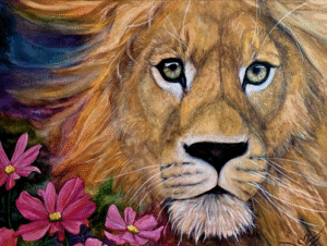 watercolor lion with flowers blooming