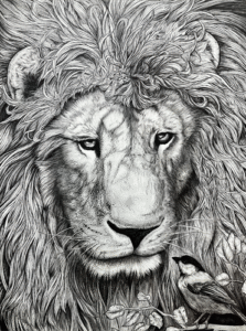 majestic inked lion with small bird