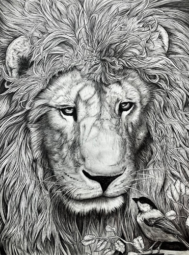 majestic inked lion with small bird