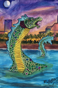 sea monster watercolor with moon and beach