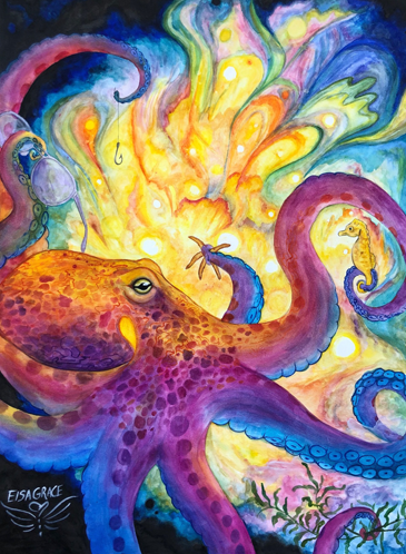watercolor octopus with seahorse and sunglasses