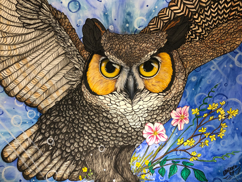 surreal owl watercolor with bouquet of flowers
